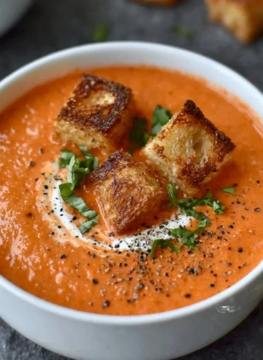 Bowl of easy creamy tomato soup garnished with fresh basil