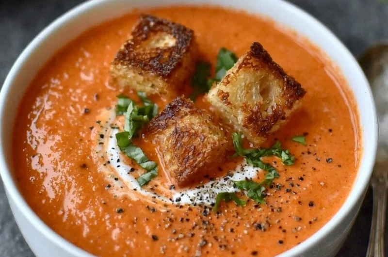 Bowl of easy creamy tomato soup garnished with fresh basil