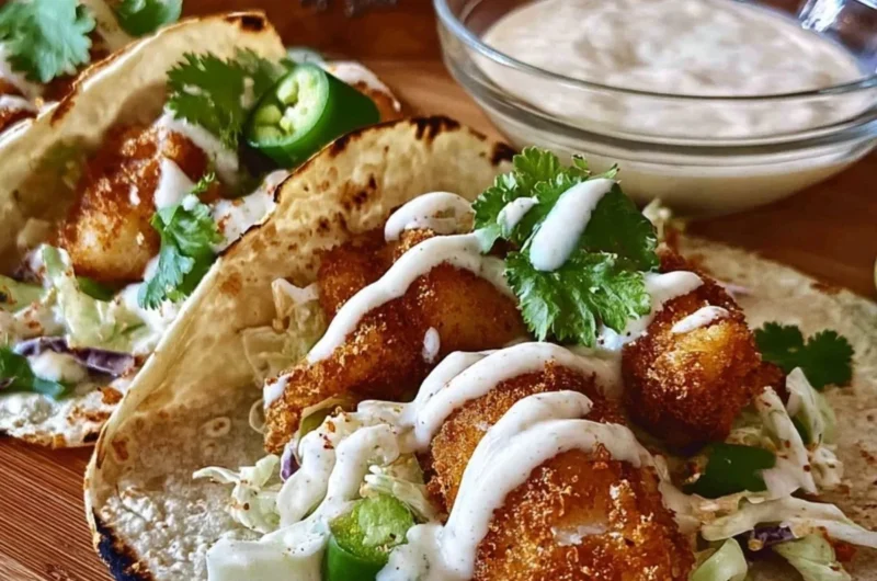Delicious easy fish tacos garnished with fresh toppings.