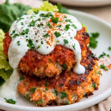 Delicious easy salmon patties with homemade lemon garlic sauce