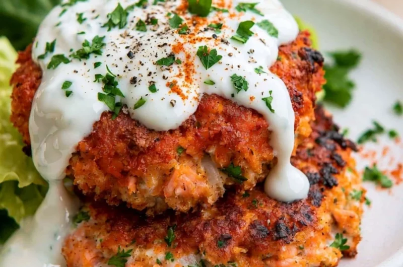 Delicious easy salmon patties with homemade lemon garlic sauce