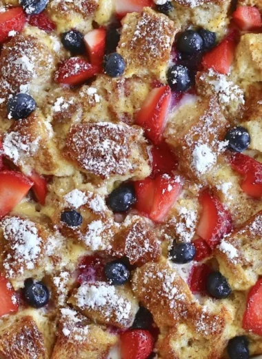Delicious French Toast Casserole served with syrup and berries
