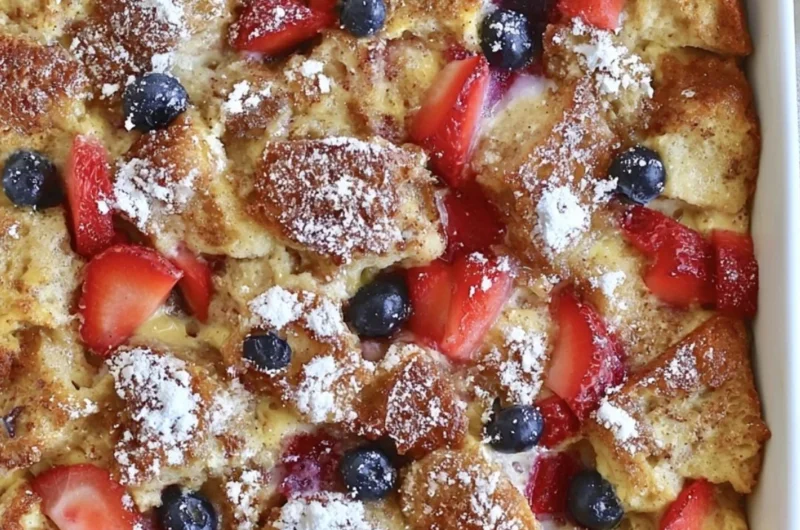 Delicious French Toast Casserole served with syrup and berries