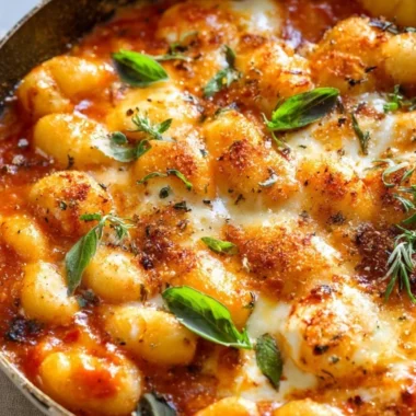Plate of gnocchi served with rich tomato sauce and fresh basil
