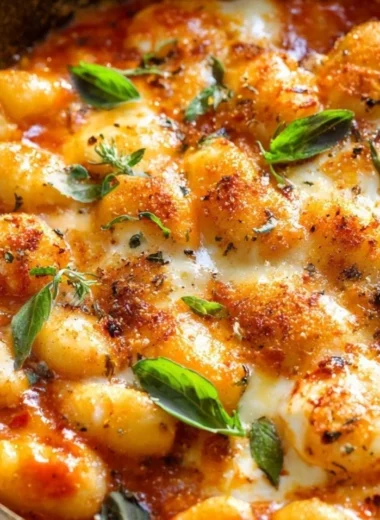 Plate of gnocchi served with rich tomato sauce and fresh basil