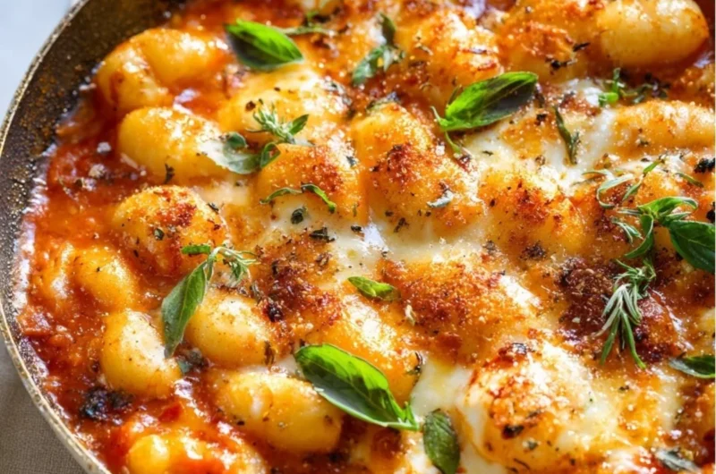 Plate of gnocchi served with rich tomato sauce and fresh basil