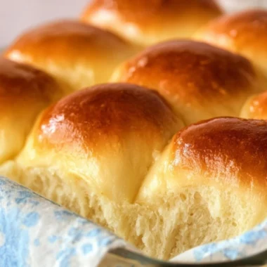 Freshly baked Grandma's buttery dinner rolls stacked on a plate