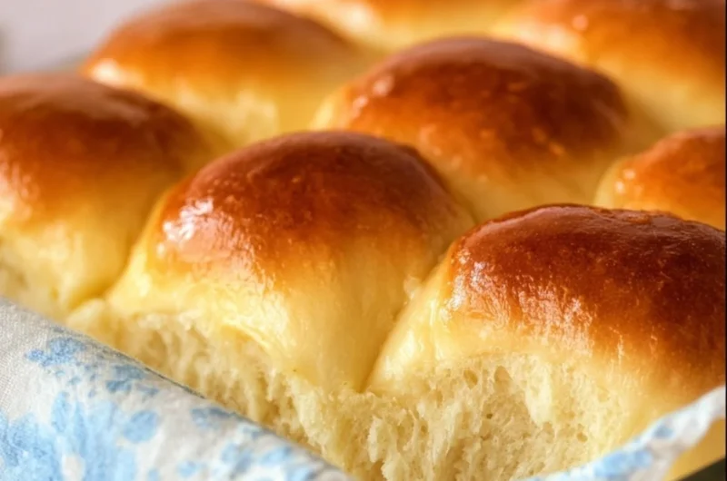 Freshly baked Grandma's buttery dinner rolls stacked on a plate