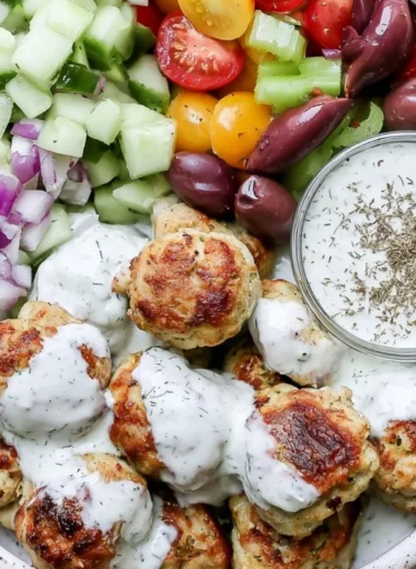Plate of flavorful Greek chicken meatballs served with herbs and a side sauce