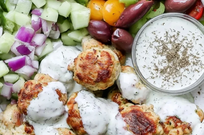 Plate of flavorful Greek chicken meatballs served with herbs and a side sauce