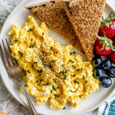 High-protein scrambled eggs cooked with cottage cheese served in a bowl