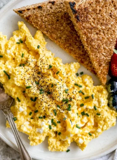 High-protein scrambled eggs cooked with cottage cheese served in a bowl