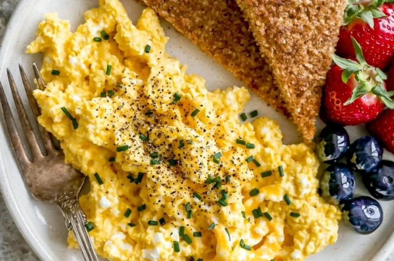 High-protein scrambled eggs cooked with cottage cheese served in a bowl