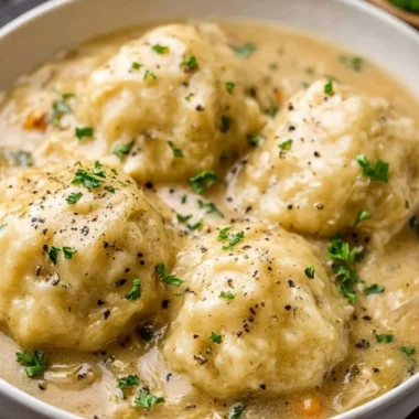 Bowl of homemade chicken and dumplings with herbs and vegetables