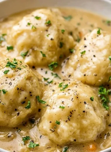 Bowl of homemade chicken and dumplings with herbs and vegetables