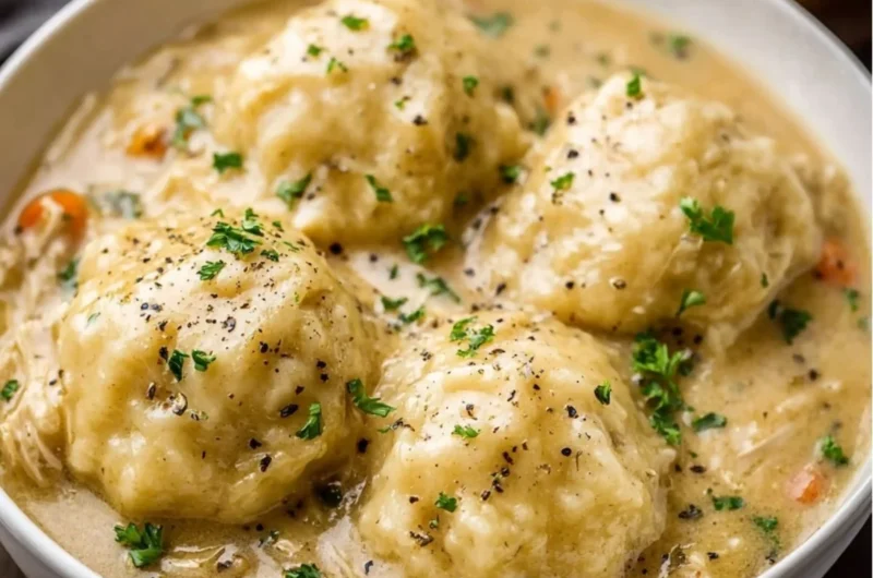 Bowl of homemade chicken and dumplings with herbs and vegetables