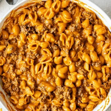 A bowl of homemade hamburger helper with ground beef and pasta