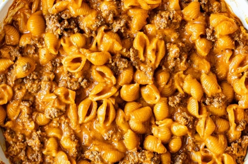 A bowl of homemade hamburger helper with ground beef and pasta