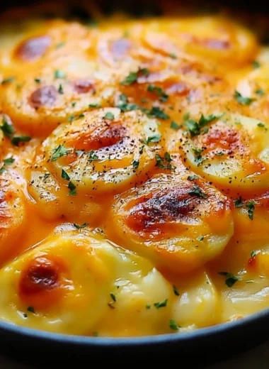 Creamy homemade scalloped potatoes baked to perfection with cheese and spices