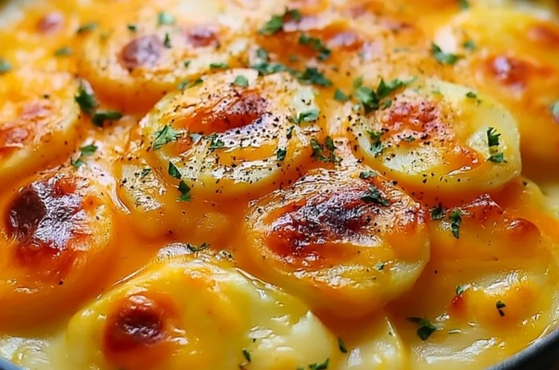 Creamy homemade scalloped potatoes baked to perfection with cheese and spices