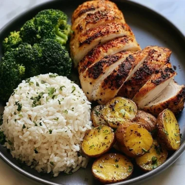 Juicy Chicken served with roasted potatoes and broccoli on a plate