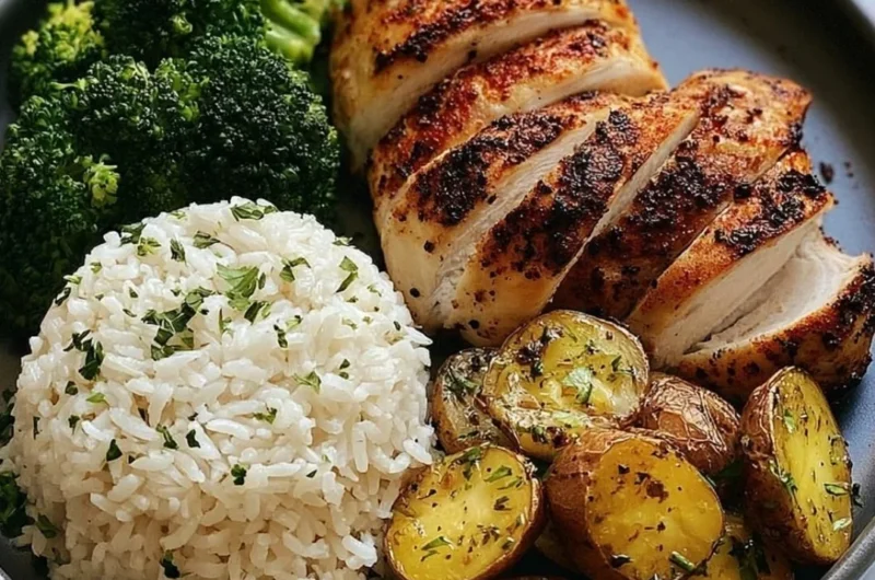 Juicy Chicken served with roasted potatoes and broccoli on a plate