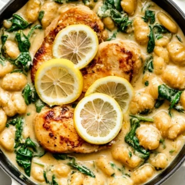 One pan gnocchi with chicken and spinach dish served in a skillet