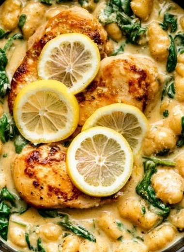 One pan gnocchi with chicken and spinach dish served in a skillet