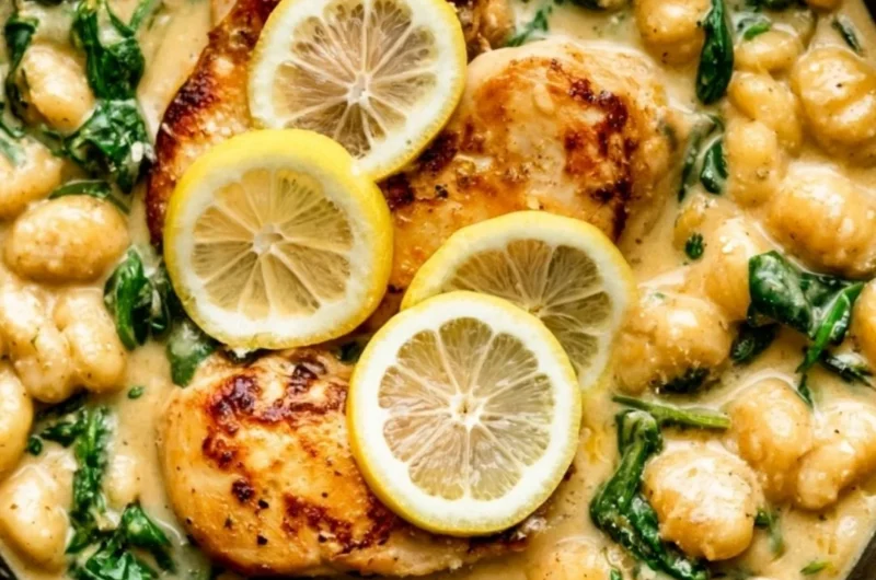 One pan gnocchi with chicken and spinach dish served in a skillet