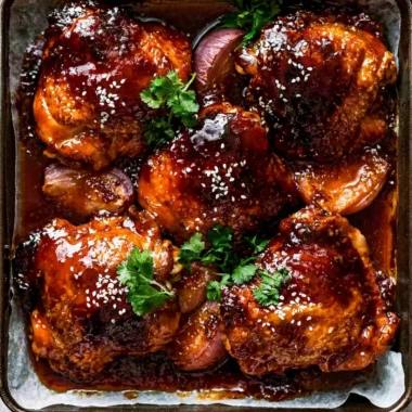 Baked Sticky Honey Soy Chicken garnished with sesame seeds and green onions