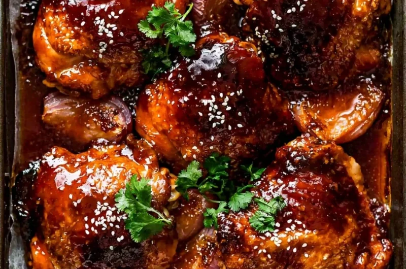 Baked Sticky Honey Soy Chicken garnished with sesame seeds and green onions