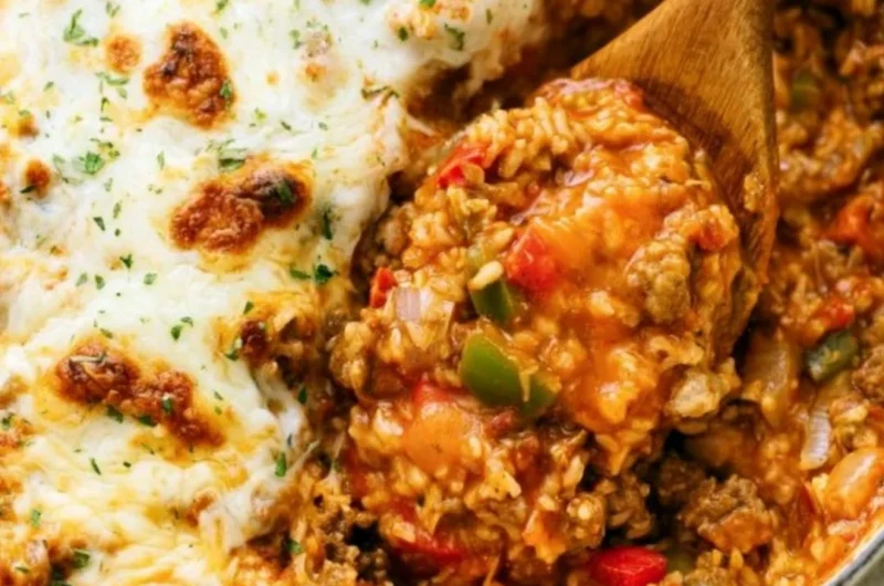 Colorful stuffed pepper casserole topped with cheese and herbs