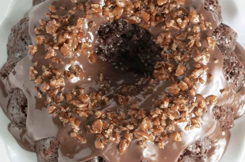 Delicious Texas Sheet Cake Bundt Cake with chocolate frosting and nuts