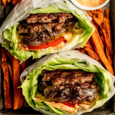 Whole30 compliant In-N-Out Burgers with lettuce wrap and fresh ingredients