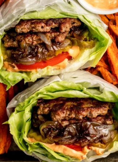 Whole30 compliant In-N-Out Burgers with lettuce wrap and fresh ingredients