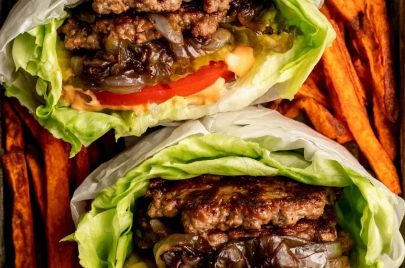 Whole30 compliant In-N-Out Burgers with lettuce wrap and fresh ingredients