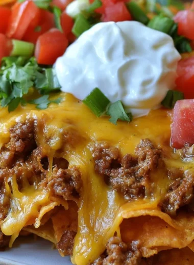 Delicious walking taco casserole ready to serve in a cozy kitchen setting