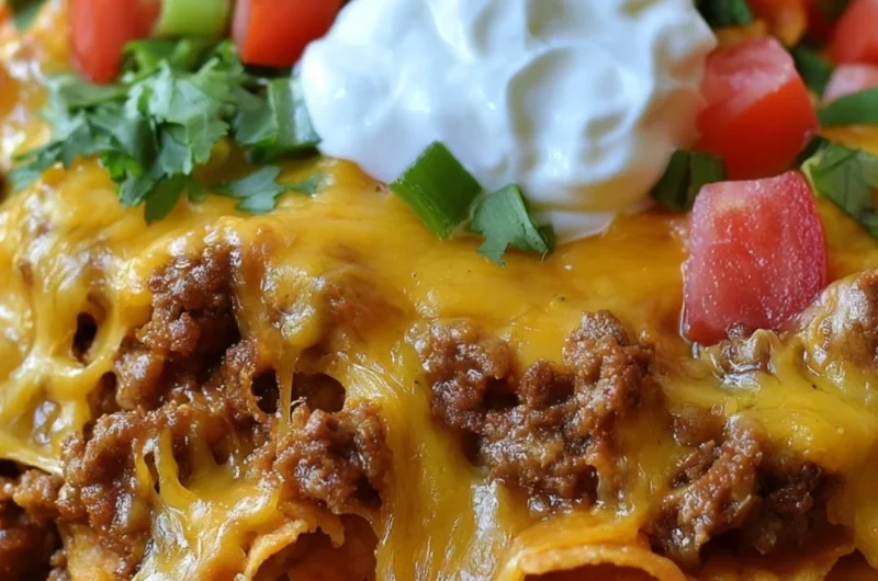 Delicious walking taco casserole ready to serve in a cozy kitchen setting