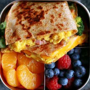 Delicious breakfast quesadilla filled with eggs, cheese, and veggies on a plate