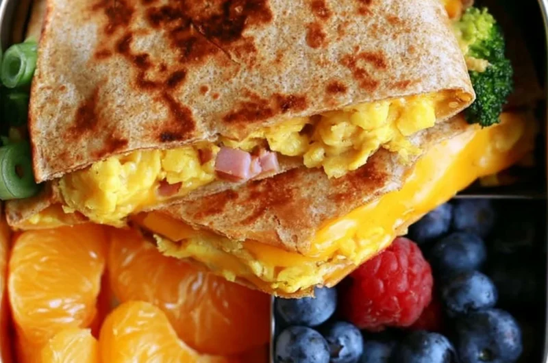 Delicious breakfast quesadilla filled with eggs, cheese, and veggies on a plate