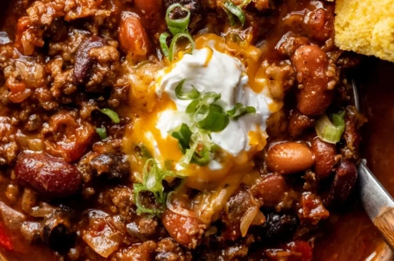 Delicious bowl of cozy chili recipe topped with cheese and green onions