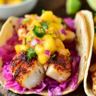 Cozy blackened fish tacos with fresh toppings and spicy sauce on a plate