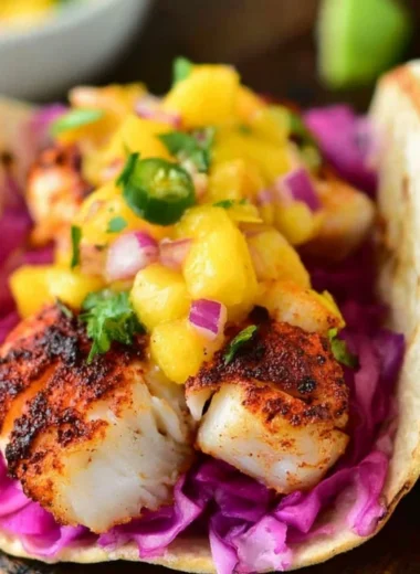 Cozy blackened fish tacos with fresh toppings and spicy sauce on a plate