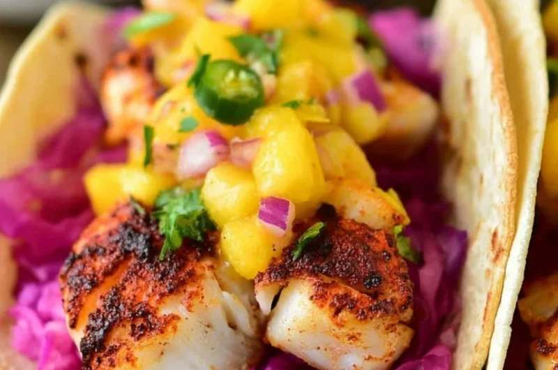 Cozy blackened fish tacos with fresh toppings and spicy sauce on a plate