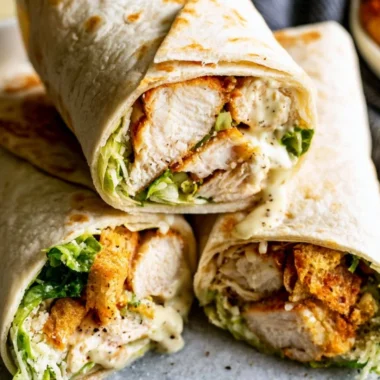 Cozy Chicken Caesar Wrap with grilled chicken, romaine lettuce, and Caesar dressing