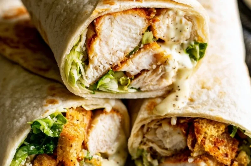Cozy Chicken Caesar Wrap with grilled chicken, romaine lettuce, and Caesar dressing