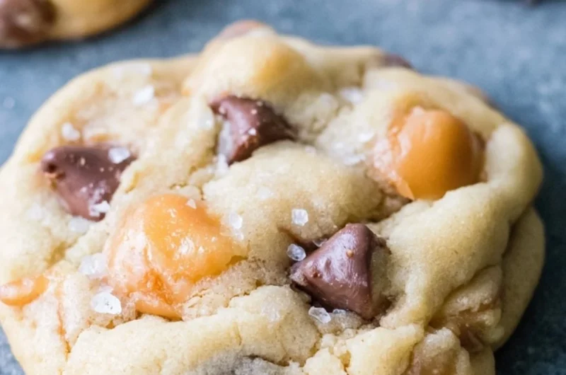 Cozy chocolate chip salted caramel cookies with a warm, gooey center.
