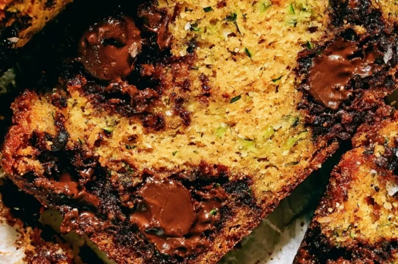 Loaf of cozy chocolate chip zucchini bread garnished with chocolate chips.