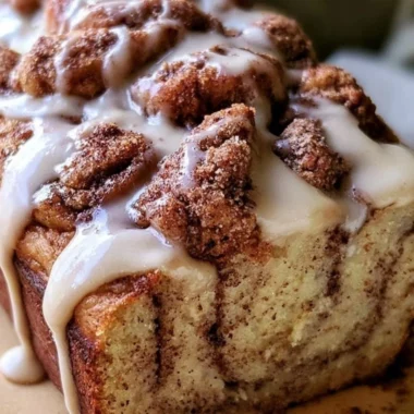 A delicious slice of cozy cinnamon roll banana bread with a cinnamon swirl topping.