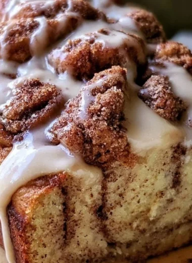 A delicious slice of cozy cinnamon roll banana bread with a cinnamon swirl topping.